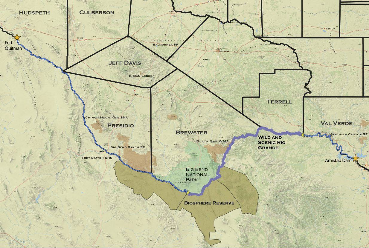 Map of the Big Bend region from Fort Quitman to Amistad Dam, showing Hudspeth, Culberson, Jeff Davis, Presidio, Brewster, Terrell and Val Verde counties, Big Bend National Park, Big Bend Ranch State Park, Black Gap WMA and the Wild and Scenic Rio Grande