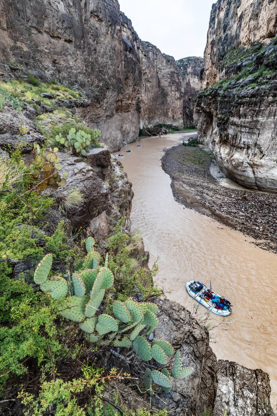 A line of rafts entering Santa Elena Canyon on the Rio Grande